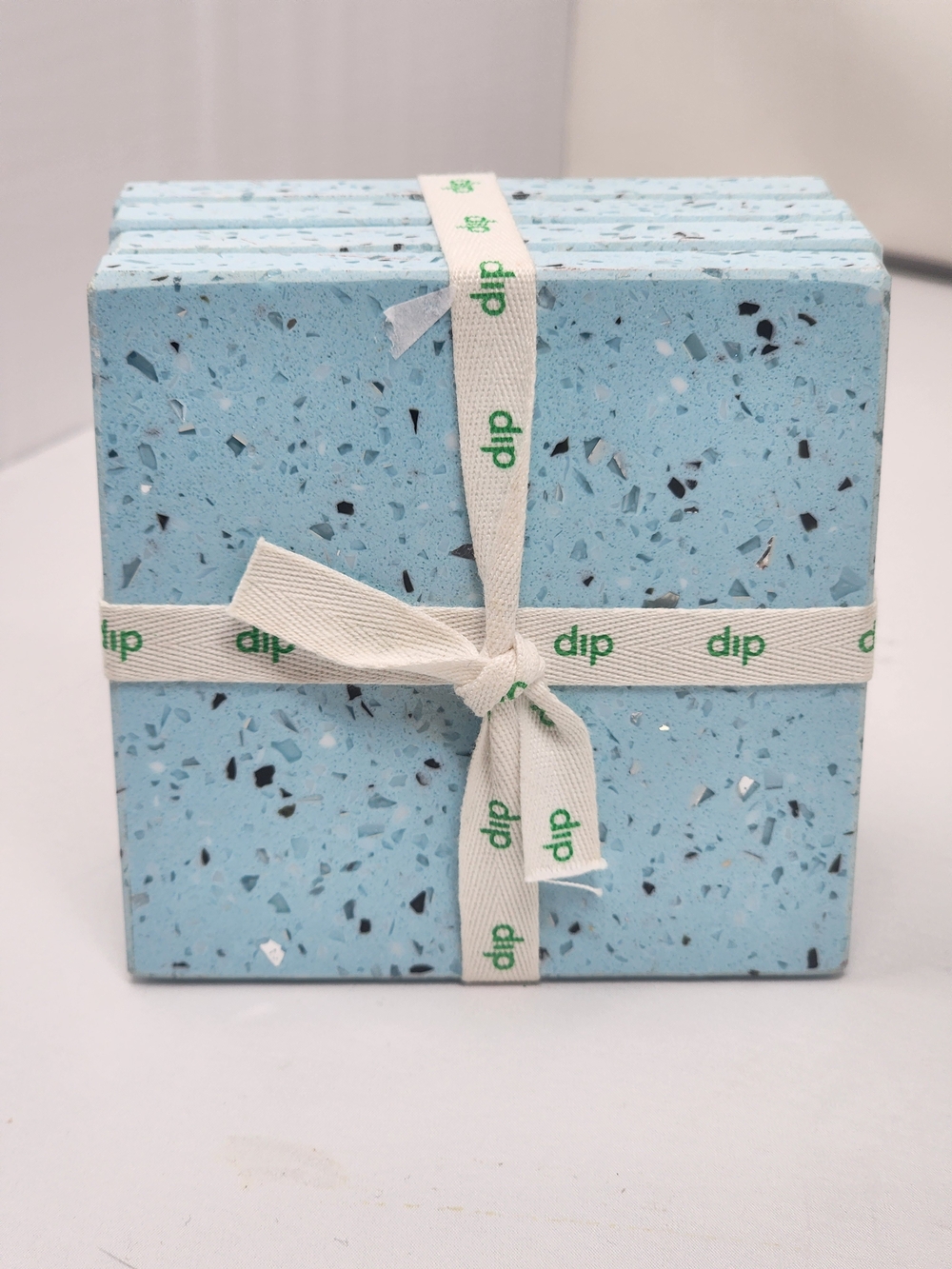 dip Light Blue Terrazzo Cork Coaster Set with Branded Cream Ribbon